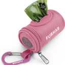 FURHAB Dog Poop Bag Holder for Leash Doggie Waste Bag Dispenser Soft Fabric Puppy Potty Carrier Small Doggy Zipper Pouch with Carabiner Clip 1680D Nylon Oxford with 1 Roll of Pet TrashBags, Pink
