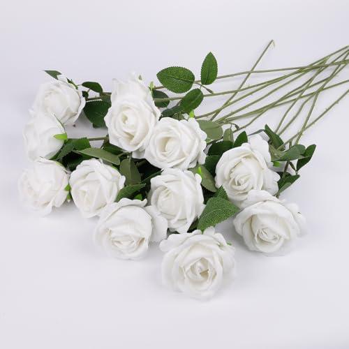 Solivya 12 Pcs Artificial Rose Flowers, Silk Roses with Long Stems, Realistic Fake Roses for Wedding Centerpiece Party Home and Office DIY Decor, White