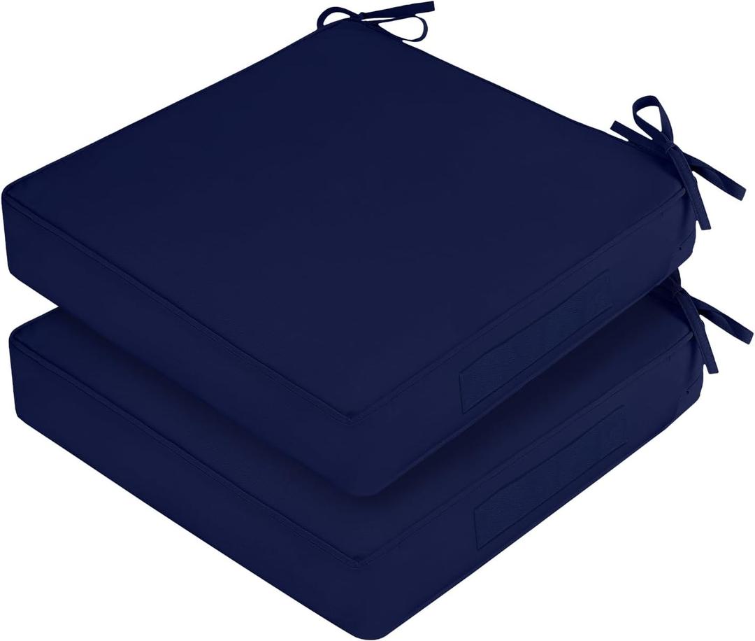 Waterproof Outdoor Chair Cushions Set of 2, Square Outdoor Seat Cushions with Ties and Removable Covers, 19 x 19 Outdoor Cushions for Patio Furniture with Portable Handle (Navy)