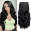 Black Hair Extensions, 22 Inch Long Wavy 4PCS Thick Hairpieces Black Fiber Double Weft Synthetic Clip in Hair Extensions for Women(Color:Black)