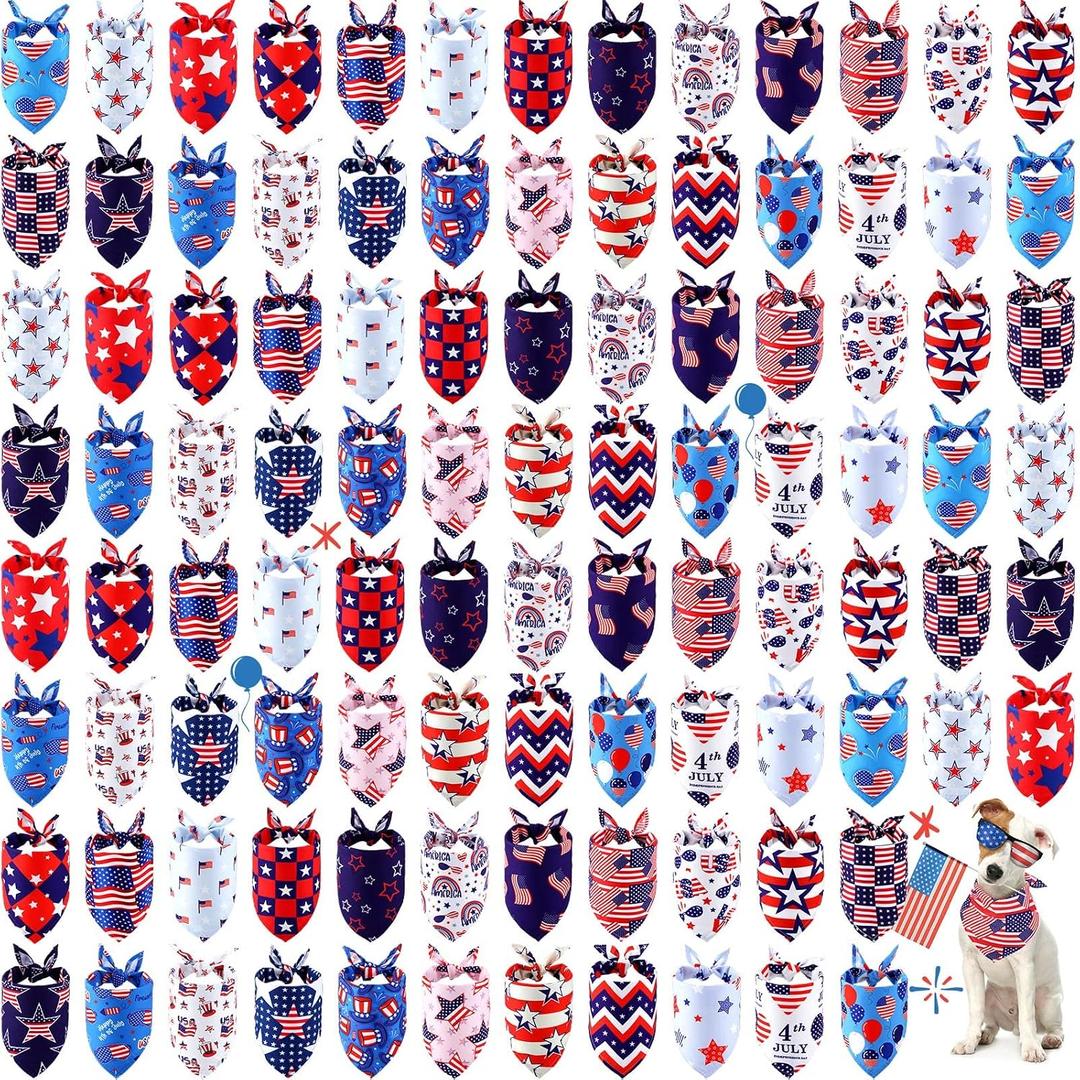 Sumind 100 Pcs 4th of July Dog Bandanas Bulk Patriotic Dog Bandanas Soft Triangle Scarf Flag Neckerchief Adjustable Pet Bibs Scarf for Memorial Day Independence Day Costume Pet Accessories(Medium)
