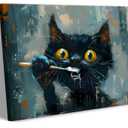 Funny Cat Brushing Teeth Canvas Wall Art Interesting Animal Bathroom Wall Decor Picture A Black Cat Brushing His Teeth Poster Print for Bathroom Washroom Laundry Room Toilet Restroom Home Decorations