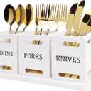 Ayiaren Wooden Flatware Silverware Caddy White Cutlery Holder with Wood Tray Utensils Holder for Kitchen Counter Wood Silverware Organizer for Table Countertop Knife Fork and Spoon Holder for Party