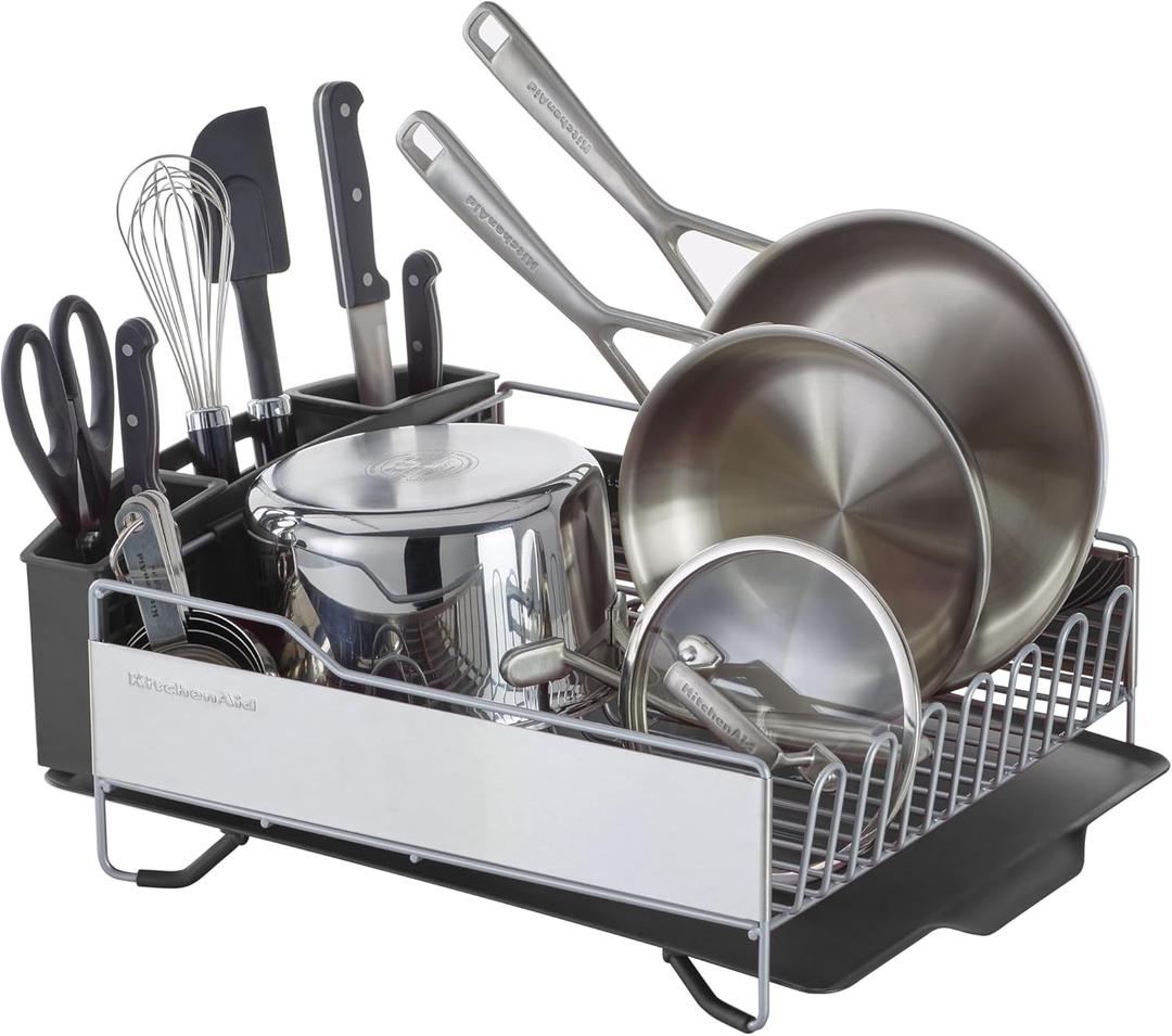 KitchenAid Large Capacity Full Size Rust Resistant Dish Rack with Angled Drain Board and Removable Flatware Caddy, Light Grey