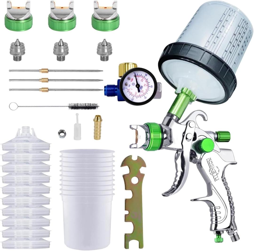 HVLP Paint Sprayer with 10pcs 600ML Mixing Quick Cup,Spray Paint Gun Set Contain 3 Nozzles 1.4/1.7/2mm &Pressure Gauge,Sprayer Gun for Car Painting,Furniture Surface Spraying (Green Set)