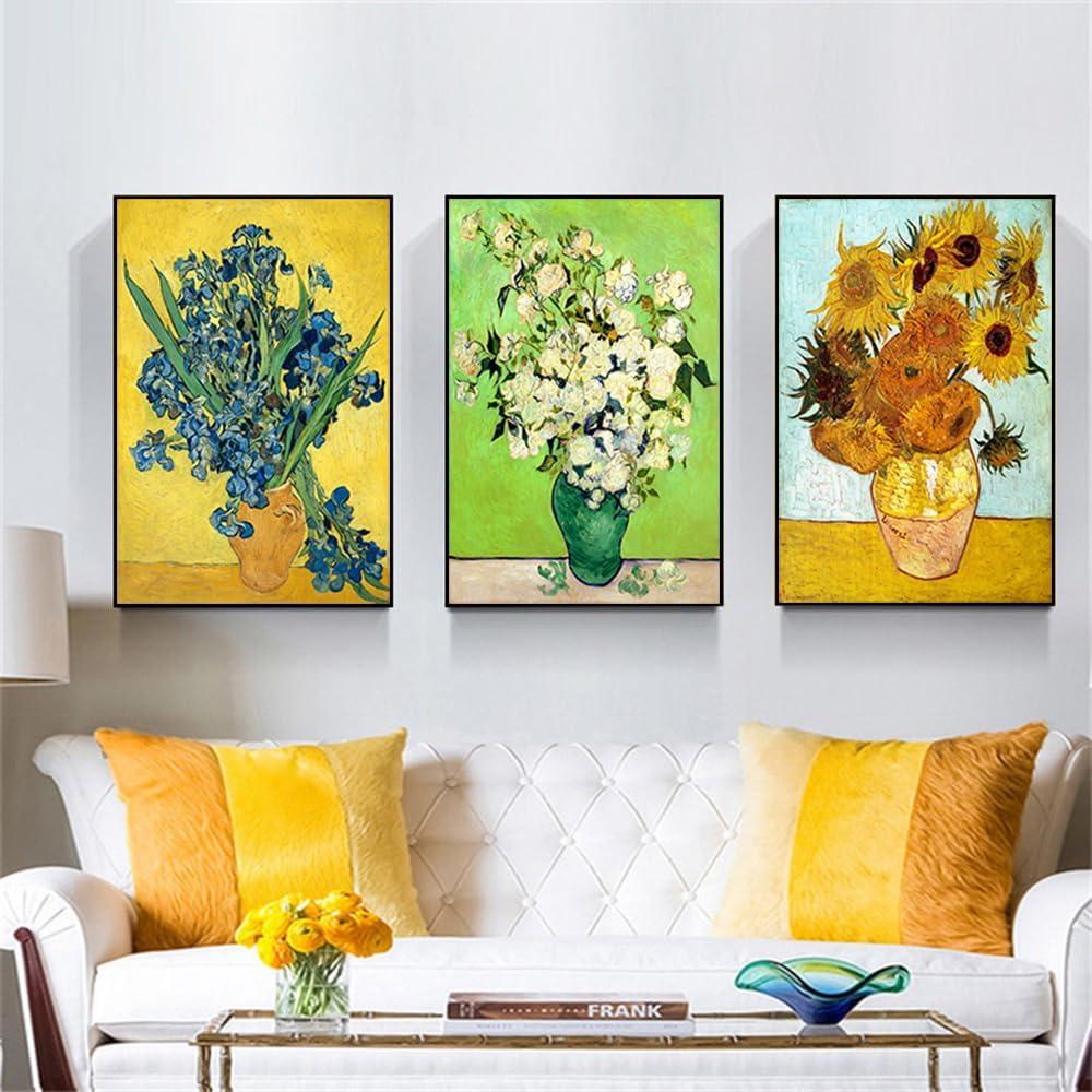 ARTFEB 3 Piece Irises Vase Flower Roses Sunflower by Vincent Van Gogh Art Reproduction,Giclee Canvas Prints Wall Art for Home Decor,Large Framed Abstract Canvas Van Gogh Wall Art for Living 16" X 24" X 3 pieces