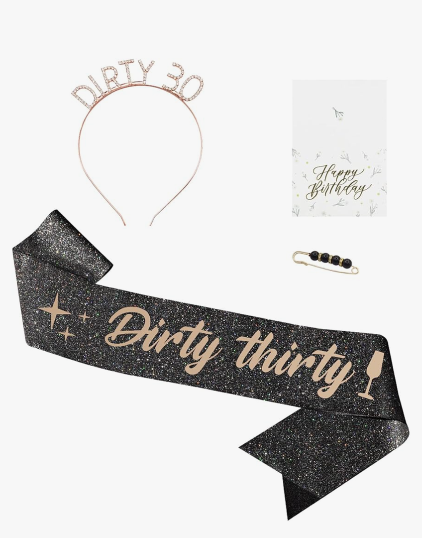 30th Birthday Decorations for Her, Dirty Thirty Sash & Headband & Pearl Pin & Birthday Card