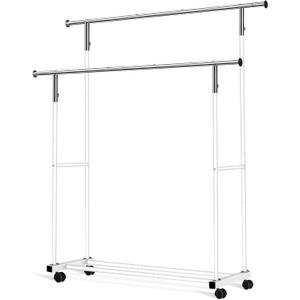 Double Clothing Rack, 55.51 Inch Garment Rack with Wheels and Bottom Shelf, 130LB Capacity Heavy Duty Rolling Clothes Racks for Hanging Clothes, Coats, Shirts, Sweaters, Skirts, White