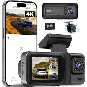 3 Channel 4K Dash Cam with 5GHz WiFi & APP Control, 4K+1080P+1440P Dash Cam Front and Rear Inside with 64GB Card, Dash Camera for Cars with Night Vision, Loop Recording, 24H Parking Mode, G-Sensor