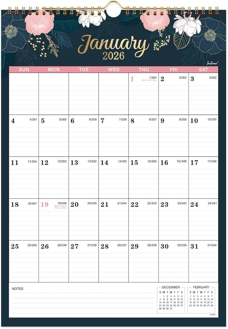 2026 Calendar - 2026 Wall Calendar, Jan 2026 - Dec 2026, 12" x 17, Twin-wire Binding, Hanging Hook, Holidays, Julian Dates