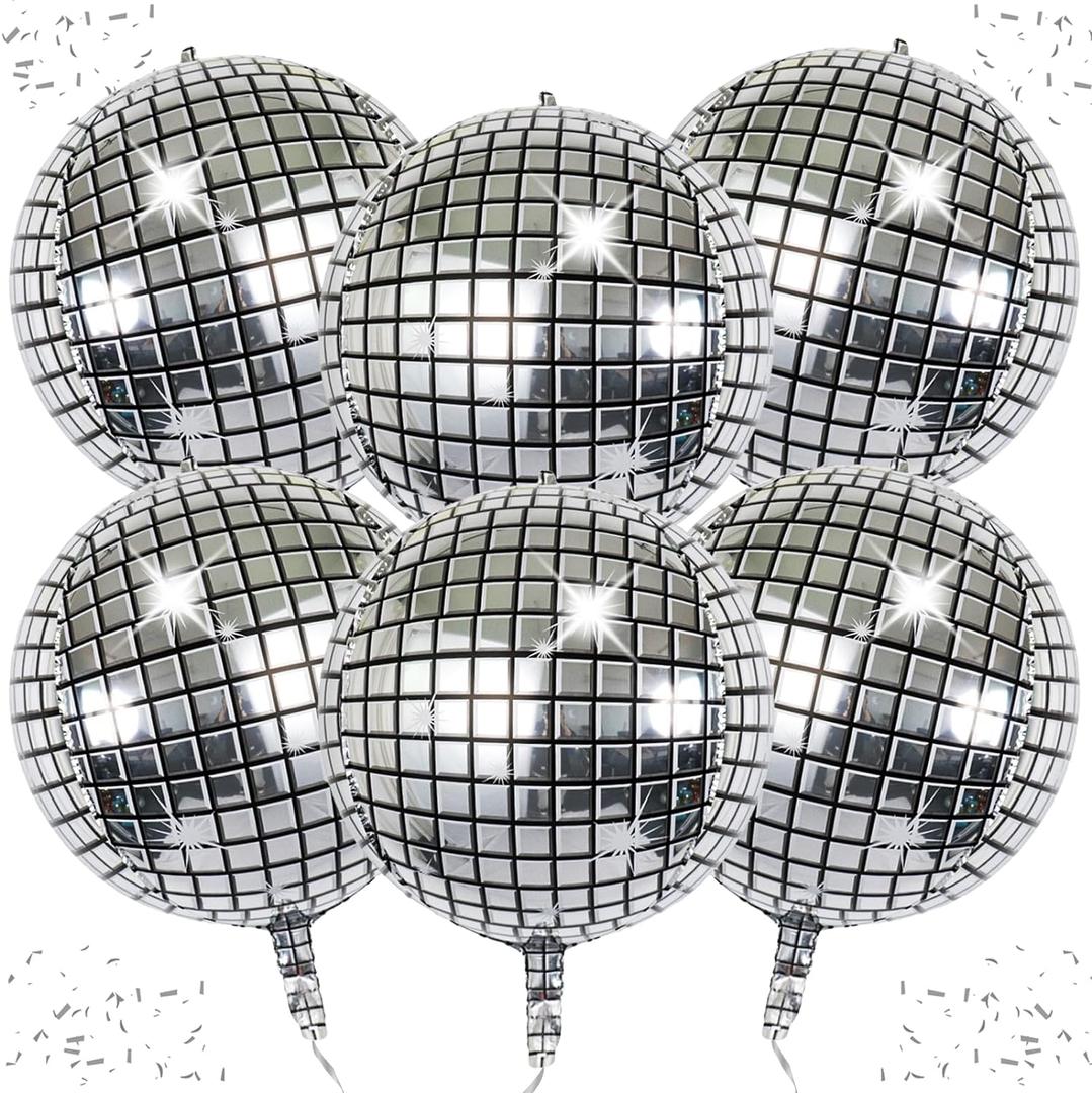 6-Pack 22 Inch Silver 4D Disco Ball Balloons - Decorations for 90s Dancing Queen Party