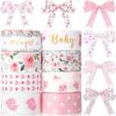 Kosiz 8 Rolls Pink Baby Shower Ribbon 7/8 Inch It's a Girl Ribbon Rose Flower Print Grosgrain Ribbons for Diaper Cake Gift Wrapping Wreath Bow DIY Craft Gender Revel Party Decor, 40 Yard Total