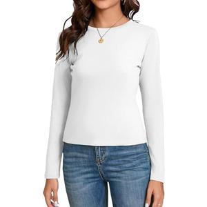 Dwnval Women's Fall Long Sleeve Crewneck T Shirt Basic Slim Fitted Knit Going Out Tops(White, M)