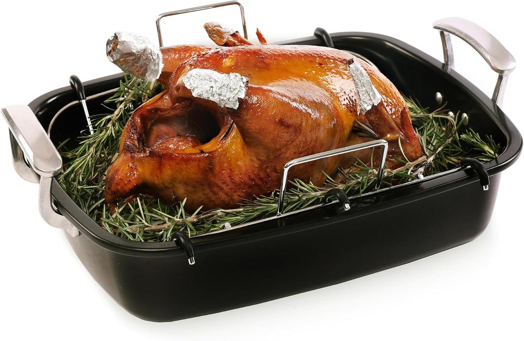 Uukrave Turkey Roasting Pan with Rack (U-Shaped), Extra Large 18.5 x 14.6 Inch Nonstick Roaster Pan for 25 lb Turkey or Chicken, Deep Oven Tray with Wide Handles, Heavy Duty Steel, Nontoxic