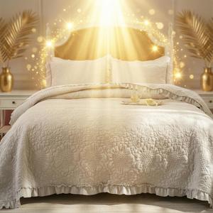 BOV 3 PCS Ruffle Quilt King Size, Exquisite King Bedspread with 2 Pillow Shams All Seasons for Modern Bedroom Decor (106"x96",Gray)