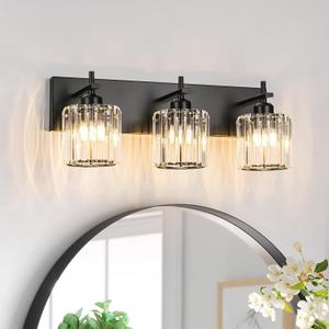 Black Crystal Bathroom Vanity Lights, Modern 3-Lights Bathroom Lighting Fixtures Over Mirror, Crystal Wall Lighting with Round Shade