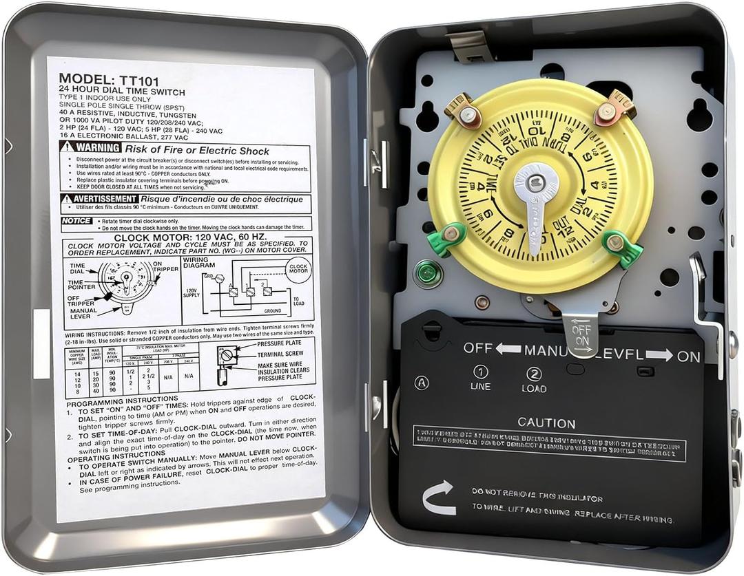 T101 Mechanical Timer Switch, T101 Pool Timer, 120V 2HP SPST 40A Time Switch, 24 Hour 12 ON/Off for Pool Pump, Heavy-Duty Mechanical Time Switches, for Lights Pumps HVAC Systems, 