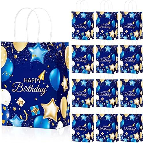 Frienda 24 Pcs Birthday Gift Bags with Handles Navy Blue and Gold Party Goodie Happy Birthday Favor Bags for Men Women Party Supplies, 5.9 x 3.2 x 8.3 Inches