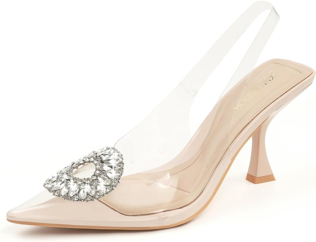 JENN ARDOR Clear Heels for Women Slingback Pointed Closed Toe Heels with Rhinestones 3 inch Comfortable Stiletto Sandals Pumps Wedding Party Dress Shoes (7, Beige)