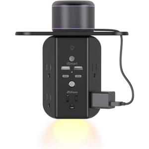 Wall Outlet Extender with Shelf and Night Light, Surge Protector, USB Wall Charger with 5 AC Outlets and 2 USB A Ports 2 USB C Ports Wide Space 3-Sided Power Strip Multi Plug Outlets, Black