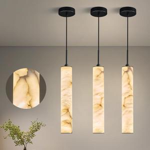 LMQNINE Natural Alabaster Pendant Lights for Kitchen Island White Marble Long Tube Chandelier Modern Black Ceiling Light Fixtures for Bedroom Dining Room Table Living Room Hallway(M-3Pack)