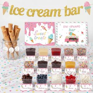 Meanplan 79 Pcs Ice Cream Bar Party Decoration Kit Includes 16 Cups 8 Scoops 8 Tongs 1 Banner 2 Poster Banner 20 Tent Card 24 Round Sticker, Ice Cream Social Decoration Birthday Dessert Table Supplies