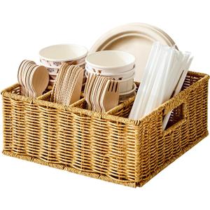 Berdeng Utensil Holder for Party, Paper Plate Dispenser for Countertop, Silverware Caddy for Picnic, Cutlery Holder for Kitchen Camping Buffet, Wicker Basket with 6 Compartments