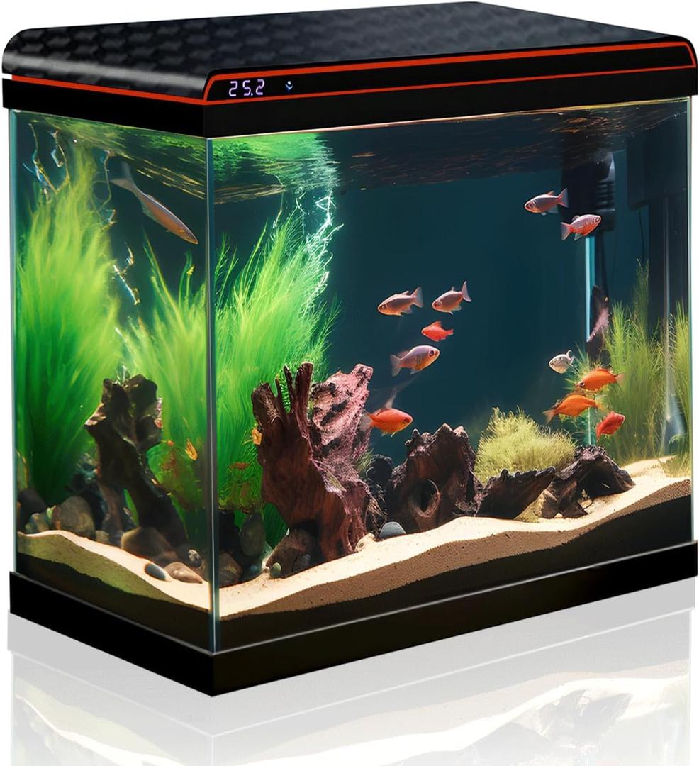 10 Gallon Fish Tank Smart Aquarium Kit, Glass Small Aquarium Starter Kits Self Cleaning with 3 Types of LED Lights and Filter Water Pump, Water Temperature Detection Ultra Quiet Gift for Kid