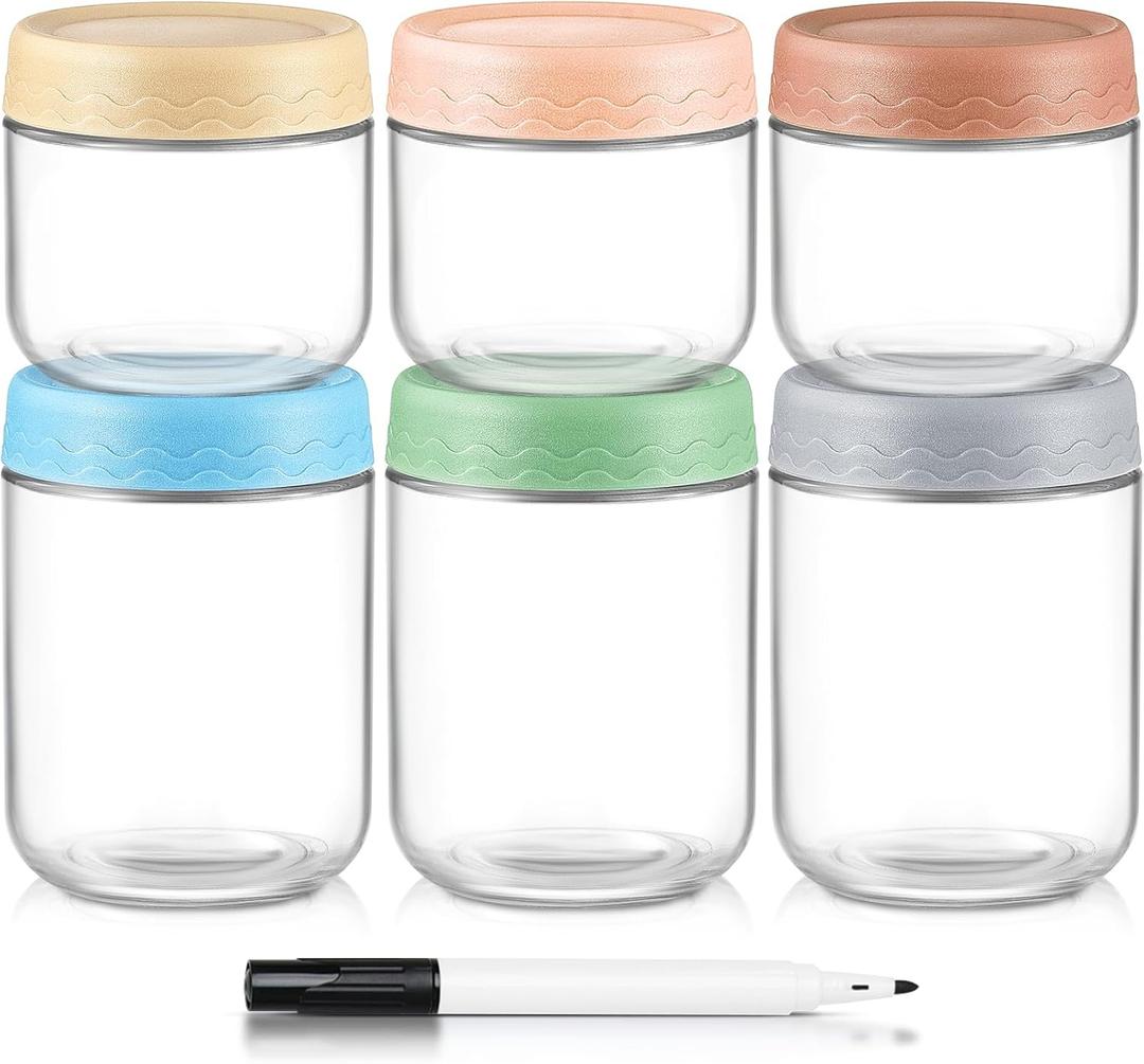 DRKIO 10 & 16 Oz Overnight Oats Containers with Lids - 6 Pack Glass Storage Jars with Airtight Lids Wide Mouth Mason Food Jars Great for Meal Prep Salad Chia Puddirg Snacks Yogurt Sugar Spice Cereal