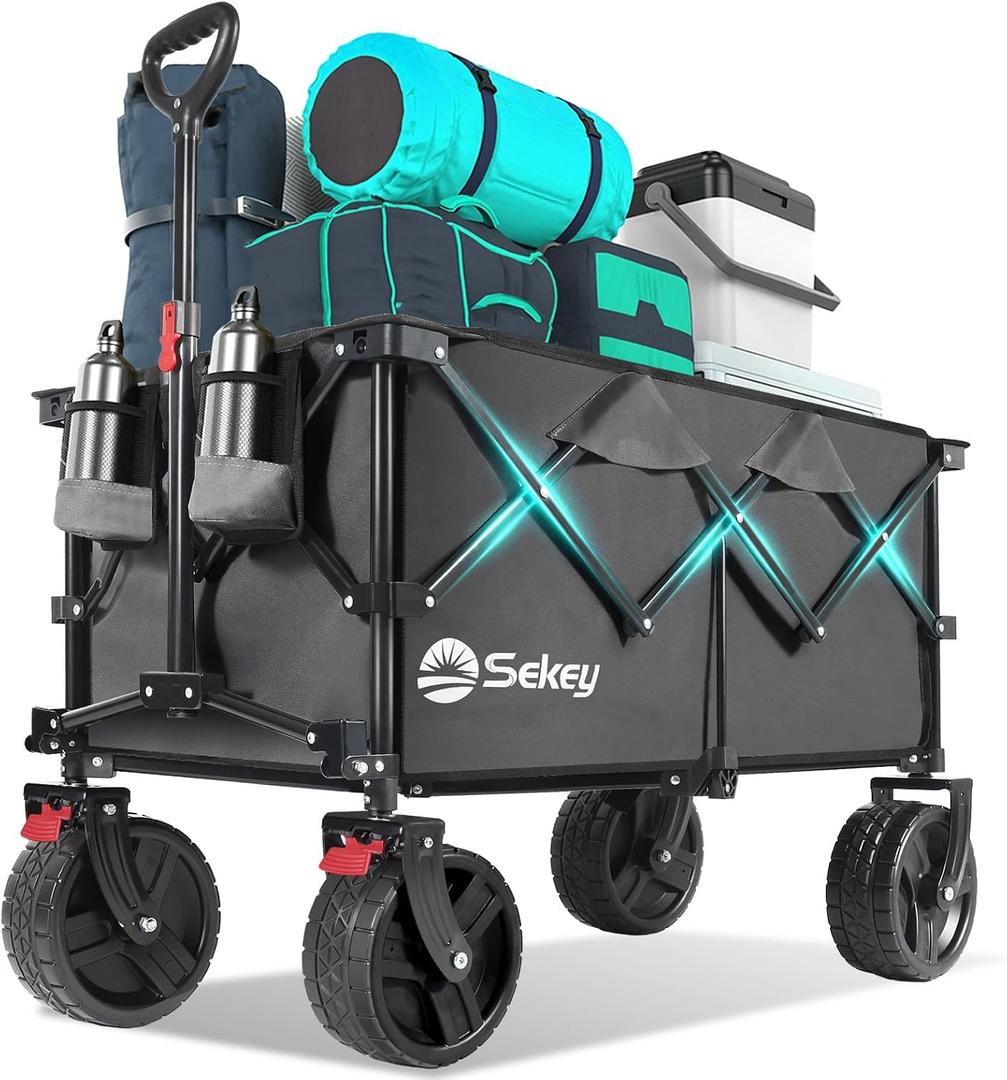 Sekey 220L Wagons Carts Foldable with Big All-Terrian Beach Wheels, Collapsible Heavy DutyWagon with Cup Holders, Extra Large Folding Wagon,Foldable Wagon for Camping, Garden, Sports. Grey