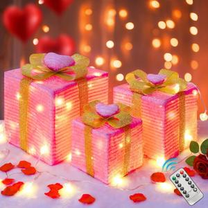 Valentine's Day Lighted Gift Boxes, 3 Pack Pink Valentine's Day Light up Present Boxes, Valentine's Day Decorations with Pink Hearts for Indoor Outdoor, Battery Operated LED Light Up Gifts