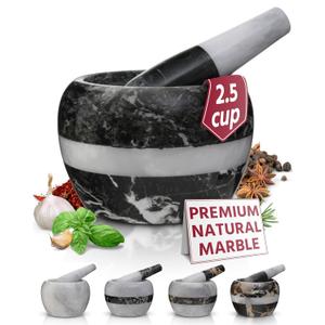 Gusto Nostro Natural Marble Mortar and Pestle Set | 5 Inch - 2.5 Cup Large Mortar Pestle Set for Grinding Herbs, Nuts, Grains | Pesto Grinding and Guacamole Stone Bowl | Marble Spice Crusher (Black Zebra with White Stripe)