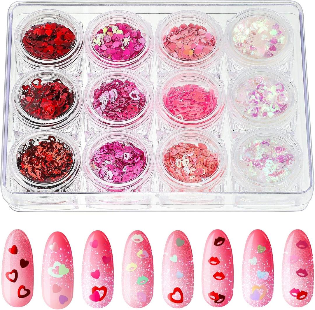 12 Boxes Valentine's Day Nail Glitter Heart Nail Sequins Holographic Red Pink Heart and Hollow Heart Lip Sequins 3D fingernail Laser Flakes for Women Girls Makeup fingernail Decoration(Vivid Color)