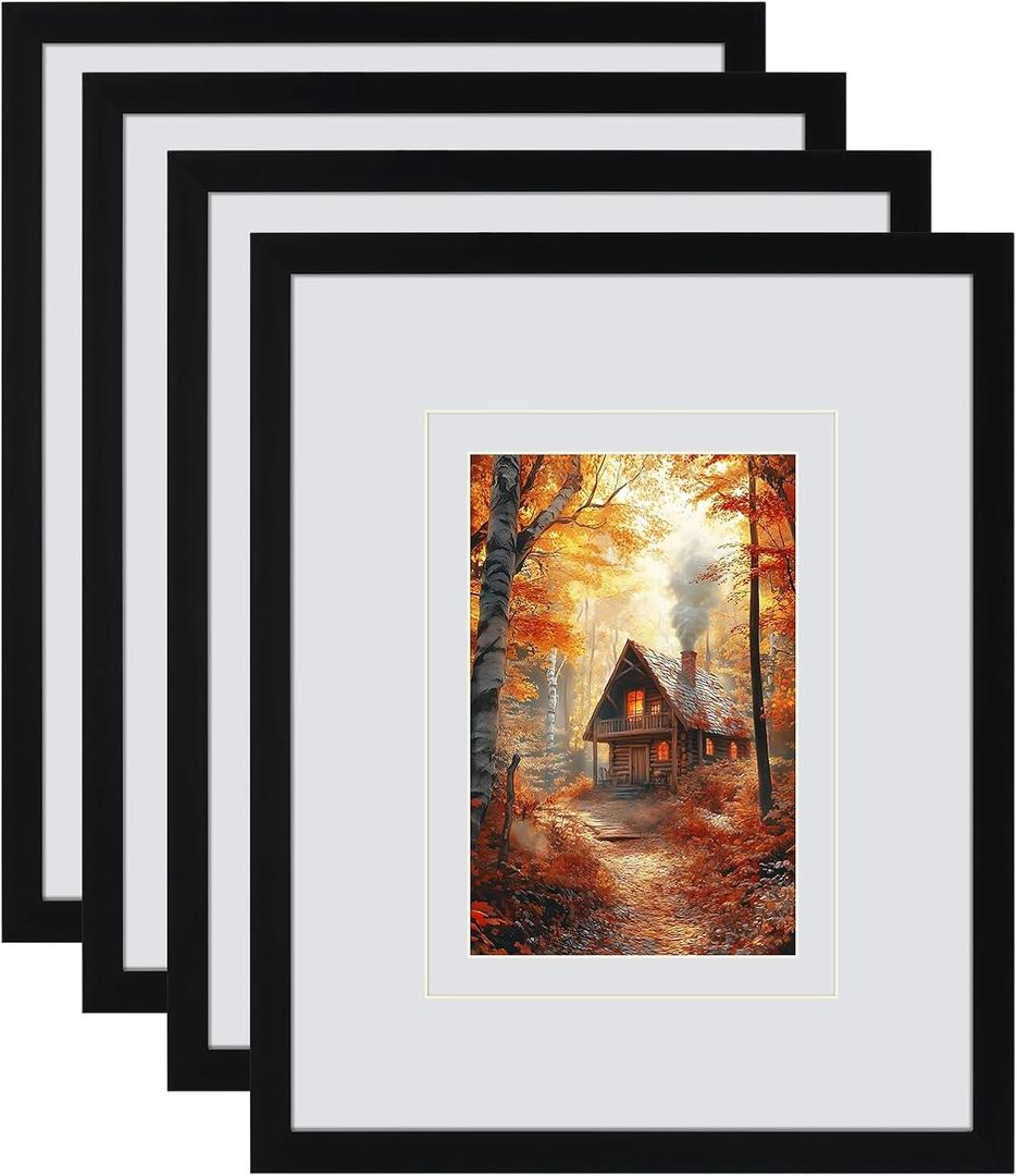 8x10 Black Picture Frame with Double White Mat 4 Pack, 8 by 10 Family Wedding Frame Fits 3 Photo Sizes, with Mat for 4x6 or 5x7, without Mat for 8x10, Display on Tabletop or Wall