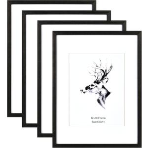 Yaetm 12x16 Black Picture Frame with Mat for 8.5x11 Set of 4, Solid Wood Frame 12 x 16 for Photos, Posters & Art Prints, Horizontal and Vertical Wall Mount (4 pack, Anthracite Black)