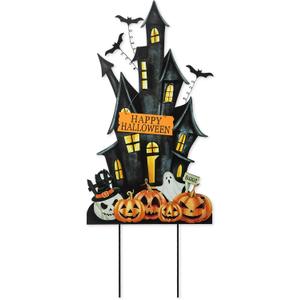 Glitzhome 32" H Halloween Metal Haunted House Yard Stake/Hanging Decor,Halloween Pumpkin Bats Ghost Garden Yard Sign for Lawn Decorations Outdoor Garden Halloween Party Decor, 13.5"L x 0.25"W x 32" H