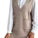 GORGLITTER Women's Sleeveless V Neck Fall Sweater Dress 2025 Dual Pocket Straight Wedding Guest Mini Dresses (Beige, M)