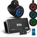 BOSS Audio Systems UNI4RGB ATV UTV Marine Boat IPX5 Weatherproof 4 Inch Stereo Wake Tower Speakers (x4) And 4 Channel Weatherproof Bluetooth Amplifier