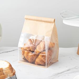 100 Pcs Bread Bags for Homemade Breads with Window, 6.3 x 5.1 x 10.3 Inch Tin Tie Tab Lock Resealable Bakery Loaf Bags for Packaging Sourdough Bread, Cookies, Bagels, Pastry (Brown)