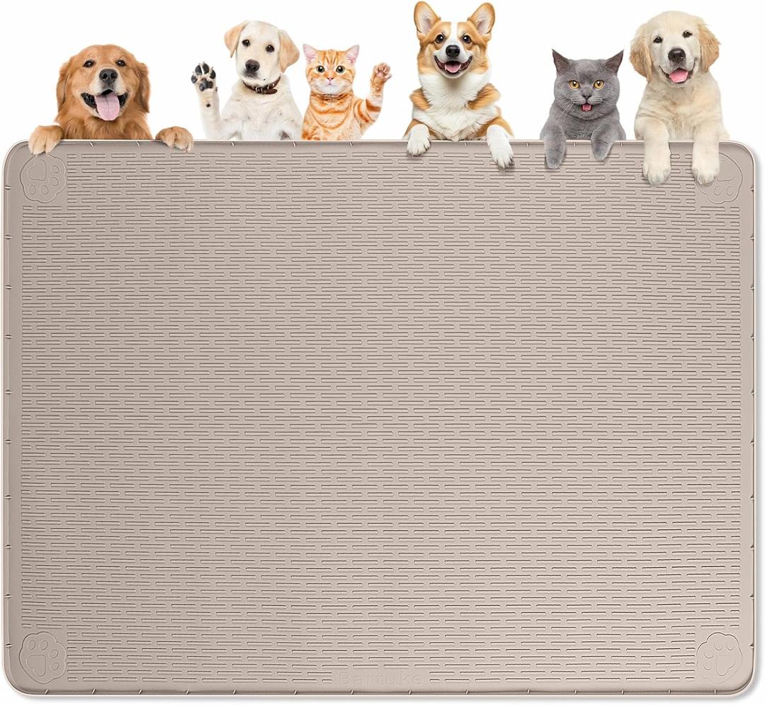 Dog Food Mat, Extra Large 50" x 35" Silicone Pet Feeding Mat with Raised Edge Pet Placemat for Small, Medium, and Large Pets Non-Slip, Easy to Clean (Khaki)
