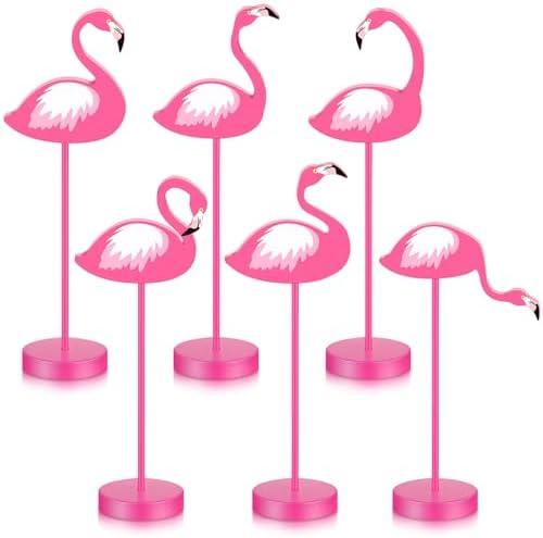 Wenqik 6 Pcs Flamingo Wood Tall Standing Block Set Tropical Bird Table Centerpieces Toppers Summer Pink Flamingo Table Sign for Home Office Desk Tier Tray Decor Party Supplies
