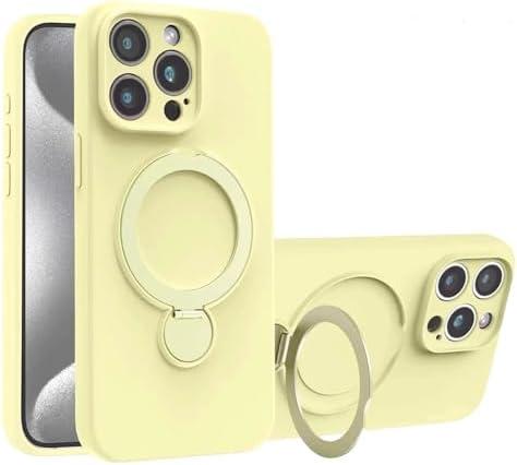 360° Spin Invisible Magnetic Stand for iPhone 16 Pro Max Case Silicone Supports Wireless Charging Full Camera Protection Shockproof 16 Pro Max Case Women Men Soft Touch Liquid Silicone Cover, Yellow