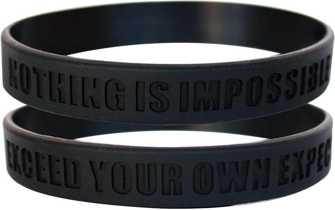 3 x Nothing is Impossible, Exceed Your Own Expectations Motivational Silicone Wristbands, Rubberband Bracelets for Fitness, Workouts, Exercise, Basketball, Lifting, Team Sports (Black)
