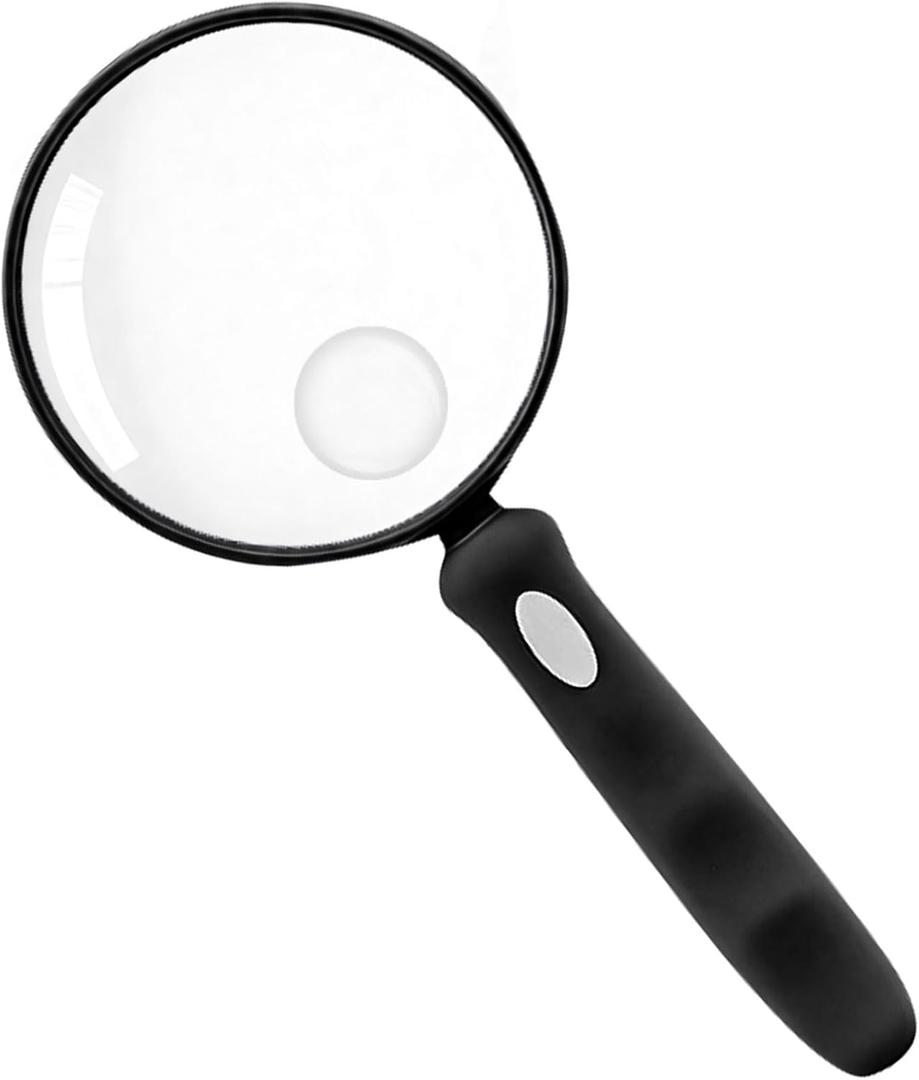 Lakei Magnifying Glass 10X Handheld Reading Magnifying Glass, 90mm Shatter Resistant Lens, Non-Slip Rubber Handle, Suitable for Elderly Reading, Natural Exploration and Science Hobby(Black)