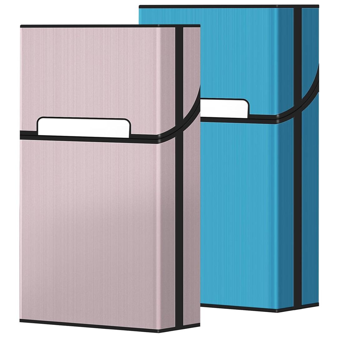 roygra Cigarette Case (2 Pack), Magnetic Switch 20pcs Cigarette Holder Case for Men Women, Cigarettes Smoking Accessories, Metal and Plastic Box for Smoke (Blue + Rosegold, 100mm 100s Size)