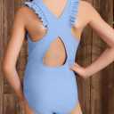 blibean Kid Girls Swimsuit One Piece Ruffle Sleeve Bathing Suits 6-15 Year (Blue, L)