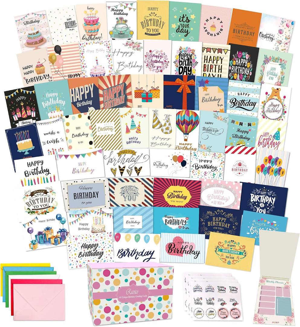 60 Unique Birthday Cards - Assorted Happy Birthday Cards, 5 x 7 inches, With Messages, Envelopes & Stickers in Bulk Boxed Set, 5 inches by 7 inches