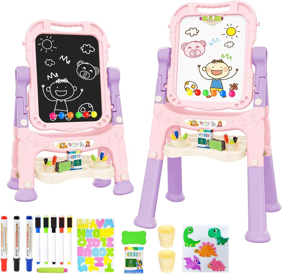 Amagoing Easel for Kids, Adjustable Standing Art Easel for Toddler, Double Magnetic Drawing Board with Painting Accessories, Birthday Christmas Gift for Little Boys Girls, Middle Size (Purple Pink)