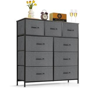 9-Drawer Dresser for Bedroom, Anti-Tip Tall Storage Organizer Chest of Drawers with Wooden Top and Metal Frame Fabric Bins for Closet, Living Room, Hallway, Entryway, Gray, 11.8"D x 39.4"W x 40"H