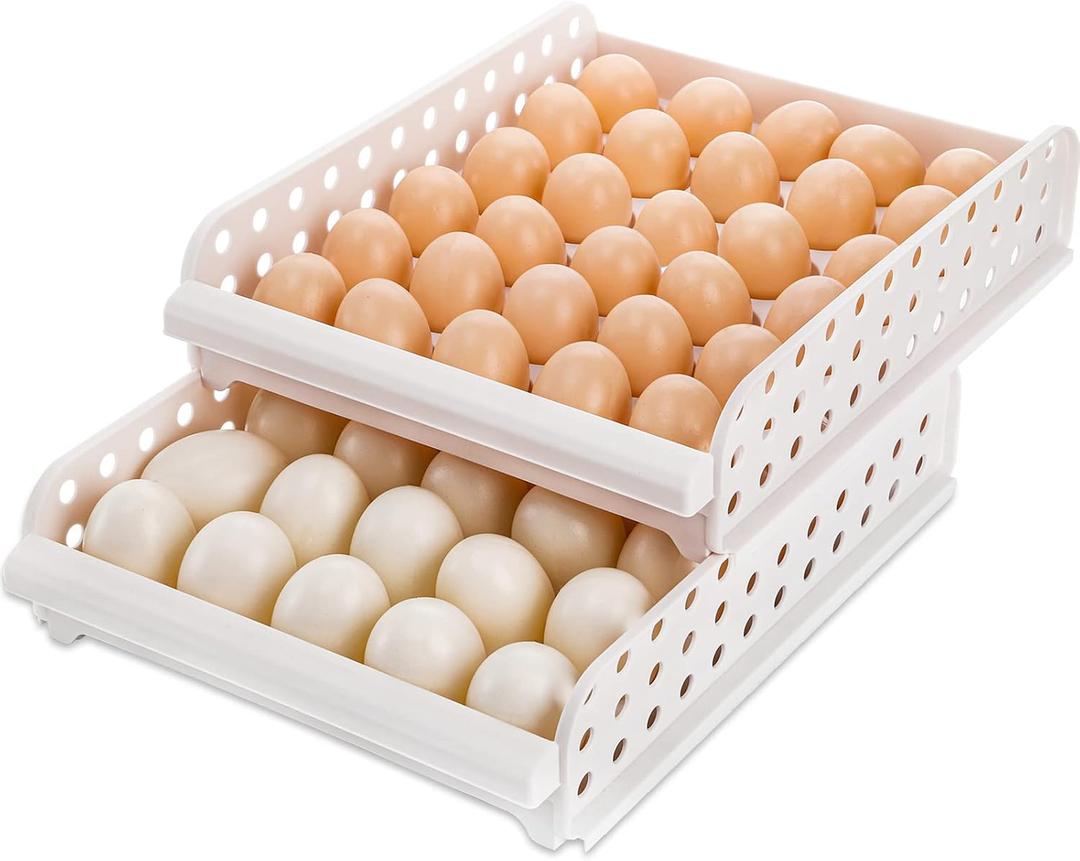 DEAYOU 60 Egg Drawer for Refrigerator, 2-Layer Stackable Egg Holder Storage Container for Countertop, Large Capacity Plastic Fresh Egg Tray Dispenser Organizer Keeper with Handle for Kitchen